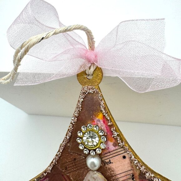 Handcrafted OOAK Collage Ornament Gold Pink Accents Pearl Rhinestone - Picture 5 of 8